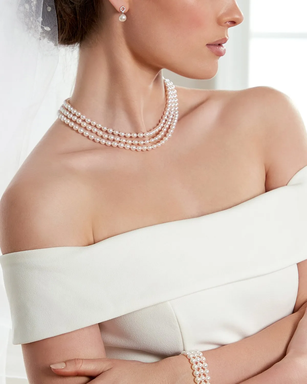 Triple Strand White Akoya Pearl Necklace