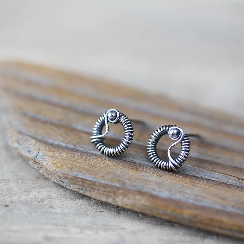 Unique Wire Wrapped Silver Circle Stud Earrings