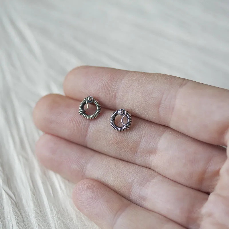 Unique Wire Wrapped Silver Circle Stud Earrings