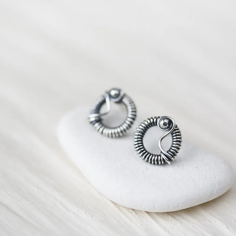 Unique Wire Wrapped Silver Circle Stud Earrings