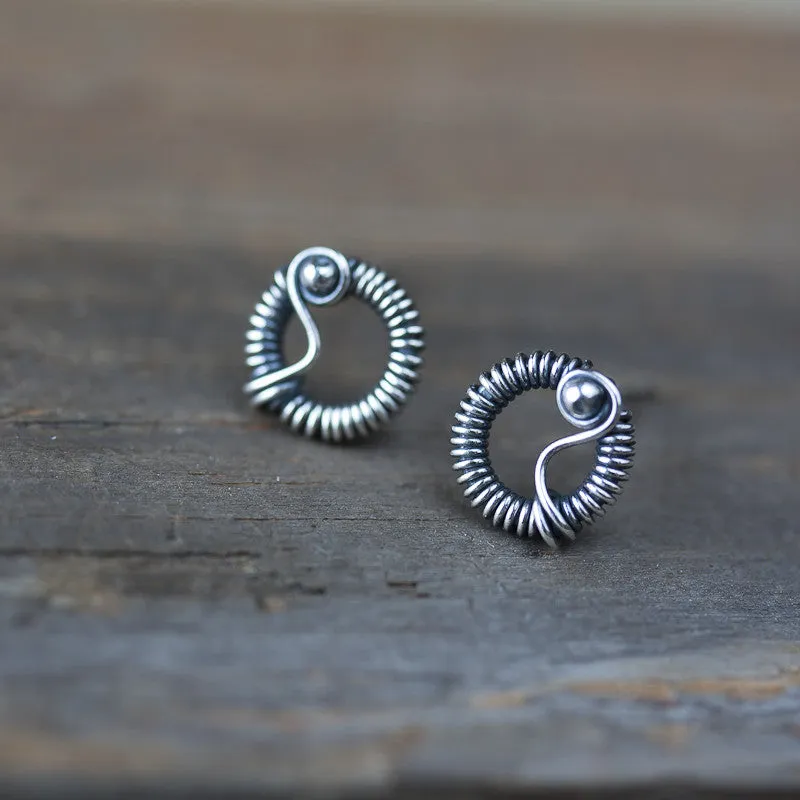 Unique Wire Wrapped Silver Circle Stud Earrings